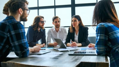 Technology advisors discussing strategy with a business team